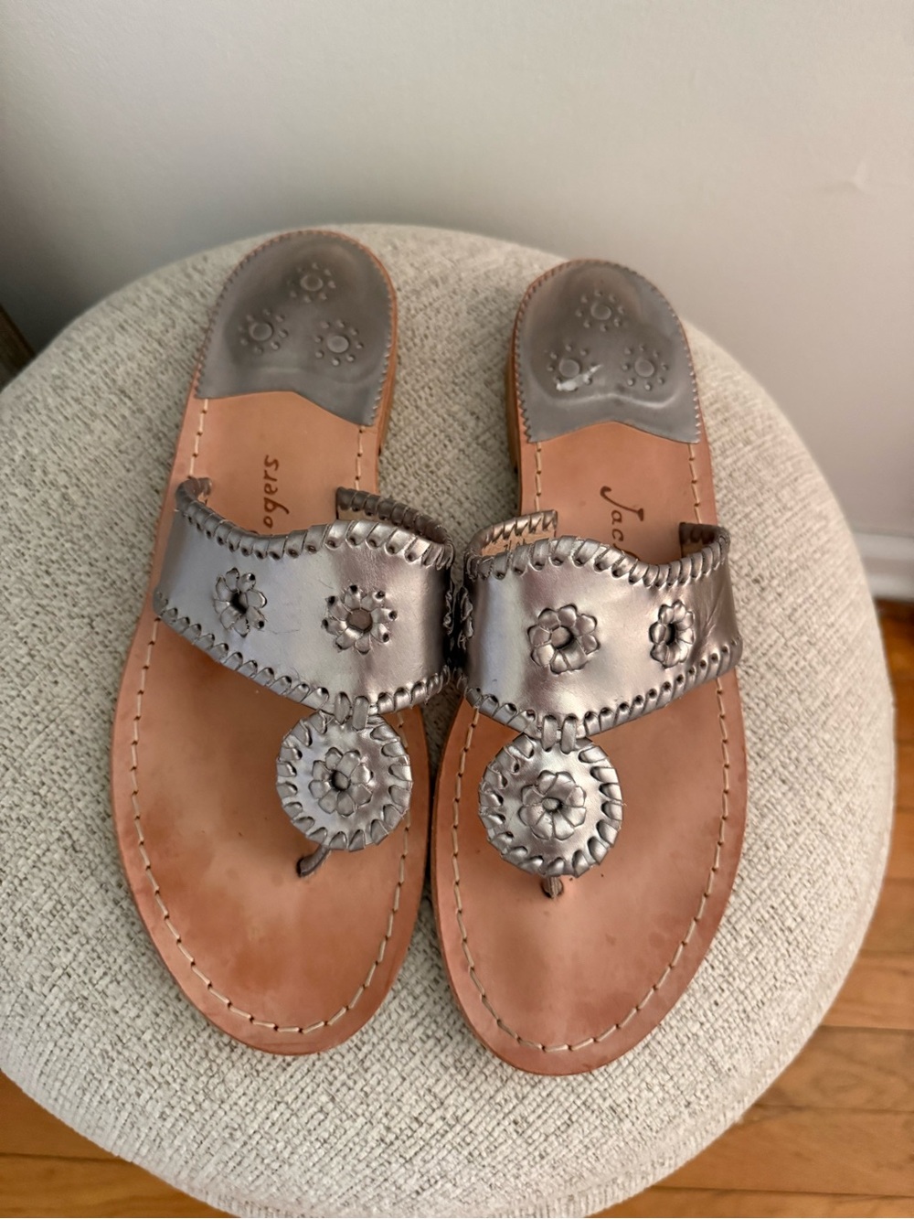 Jack Rogers Metallic Silver Floral Leather Slide Sandals - Womens Size 10